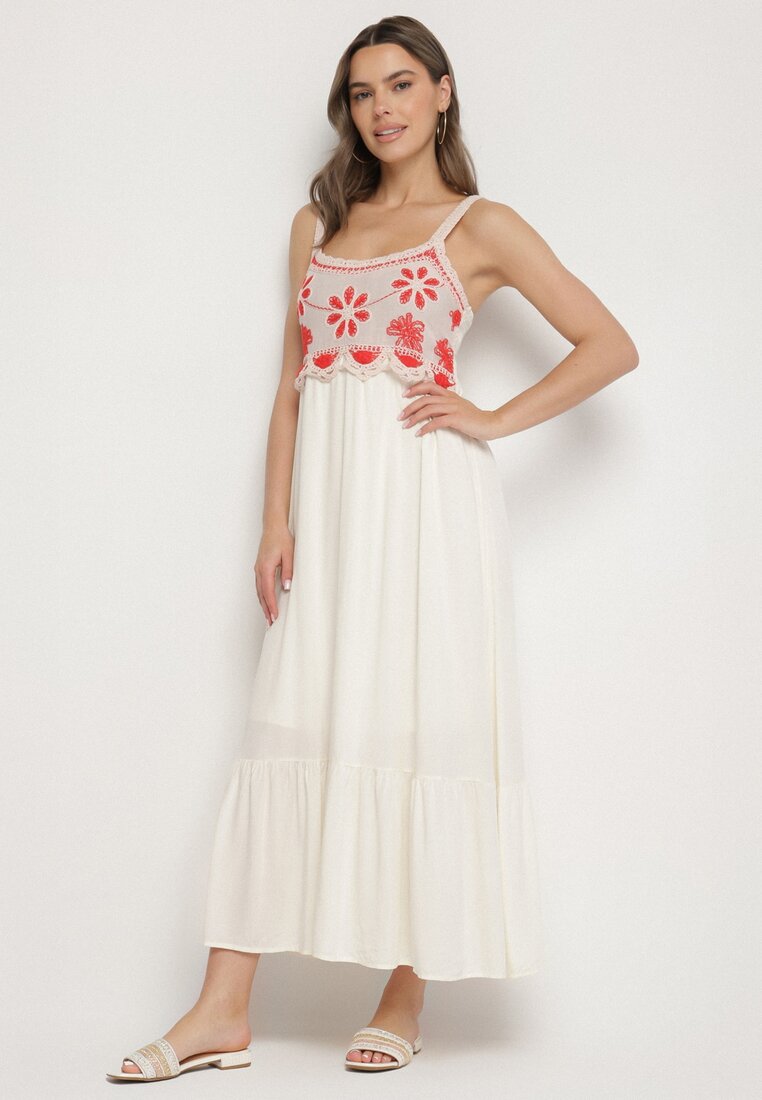 Rochie bej din vâscoză cu model brodat Rinavella