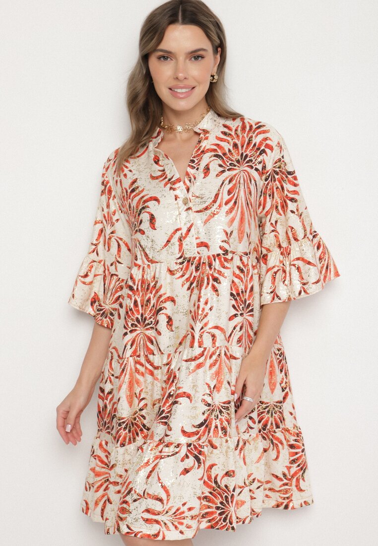 Rochie roșie evazată cu in cu imprimeu metalic Filasenia