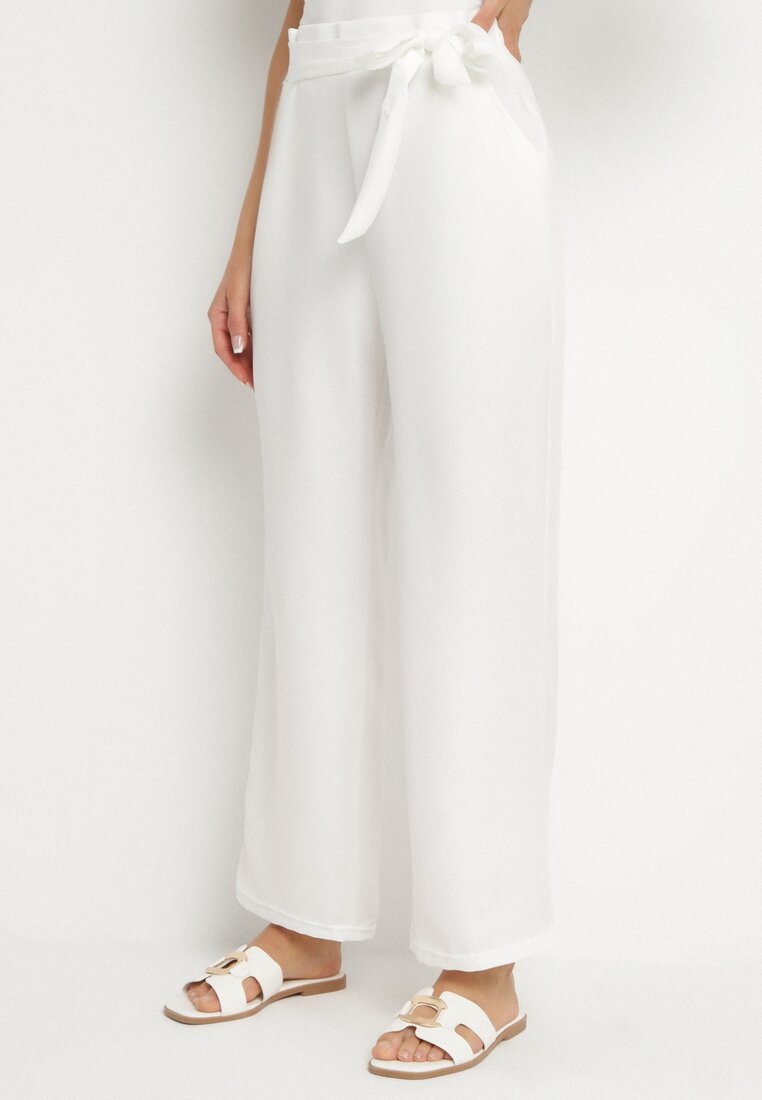 Pantaloni Bej Deschis cu Croială Largă cu Legătură și Elastic în Talie Miravenia