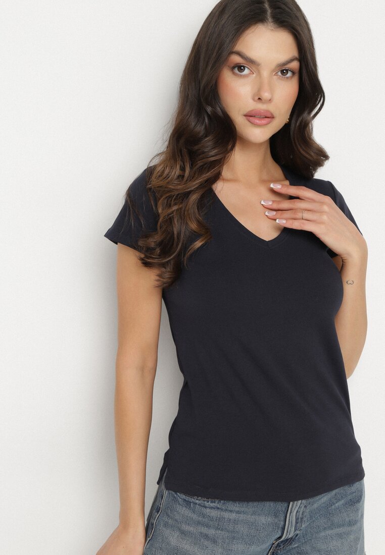 Tricou Bleumarin din Bumbac cu Decolteu în V Liniviela