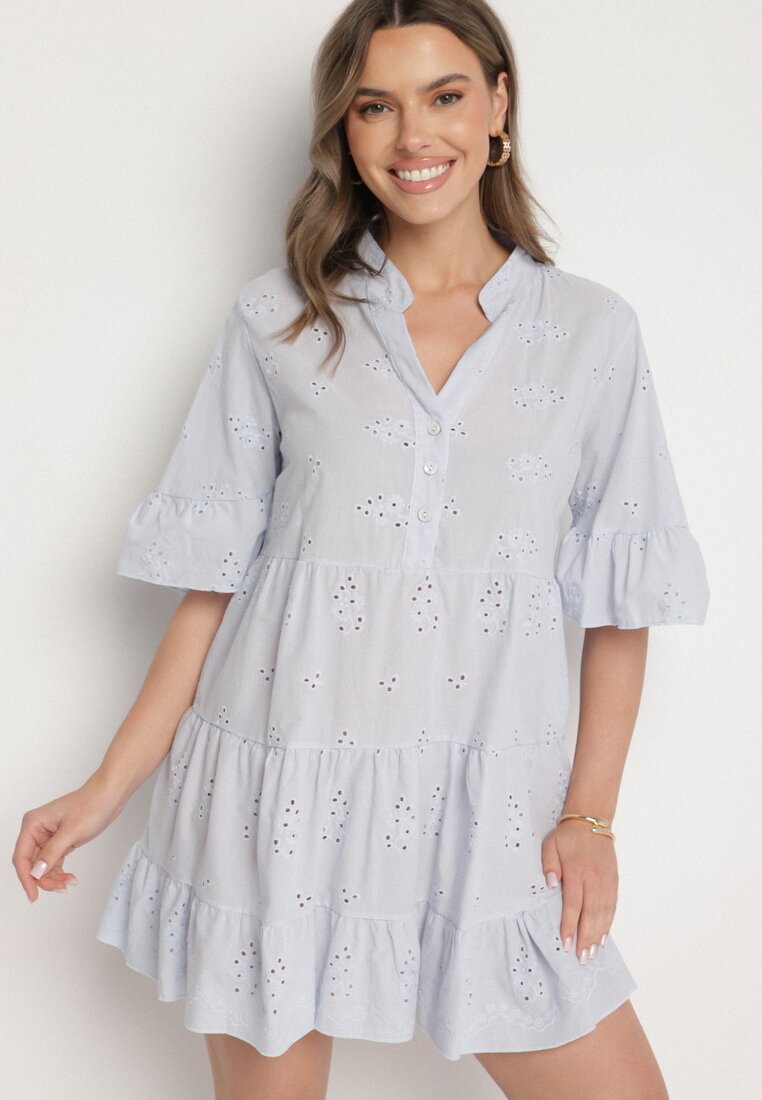 Rochie albastru deschis din bumbac din țesătură brodată cu croială tip cămașă cu volane Filidwena