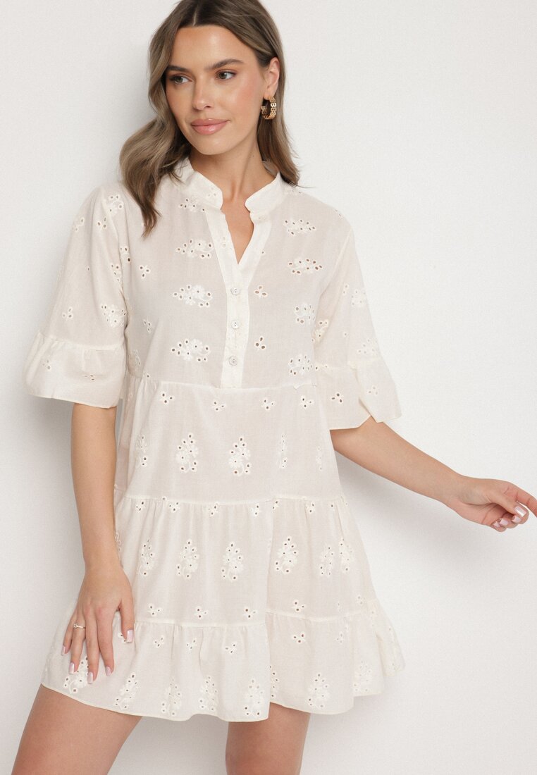 Rochie Bej deschis din bumbac brodată cu croi cămașă cu volane Filidwena