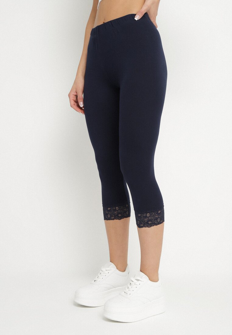 Colanți bleumarin de bumbac cu bandă elastică și dantelă la glezne Efrine