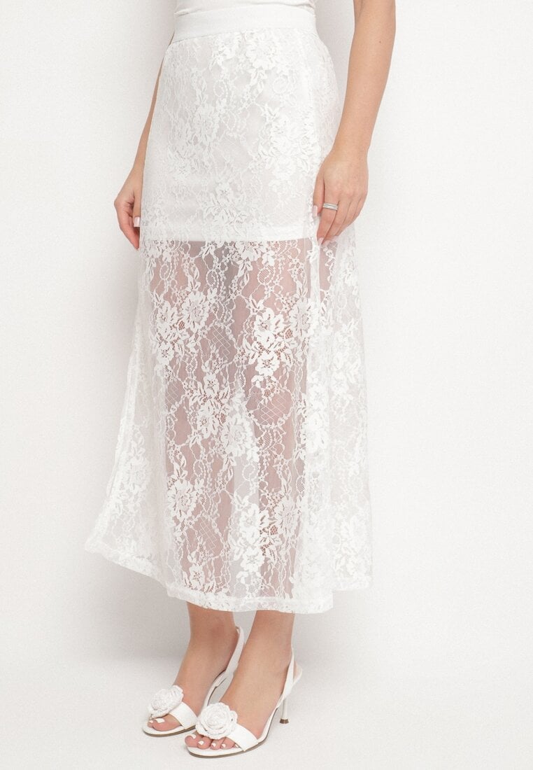 Fustă Albă Cloș din Dantelă Ornată cu Șliț Zariska