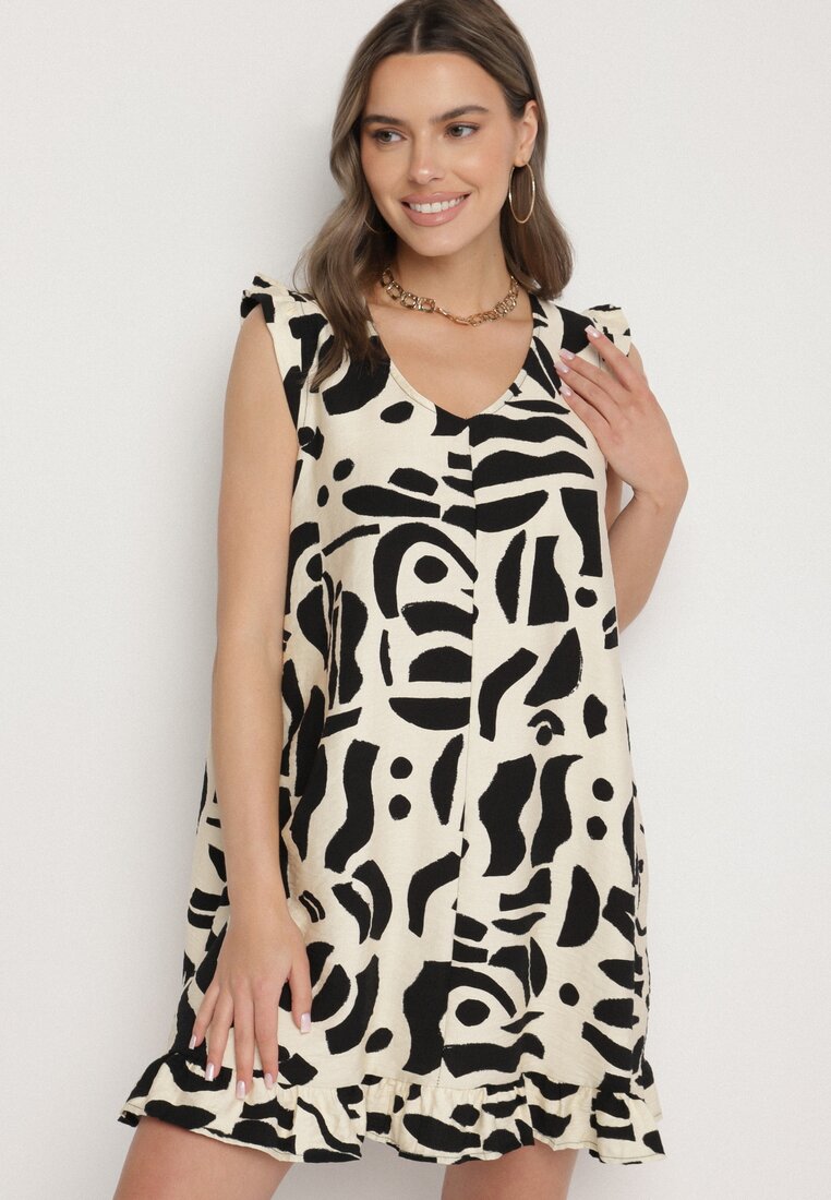 Rochie Neagră cu croi evazat, cu decolteu în V, cu model abstract Mevondra