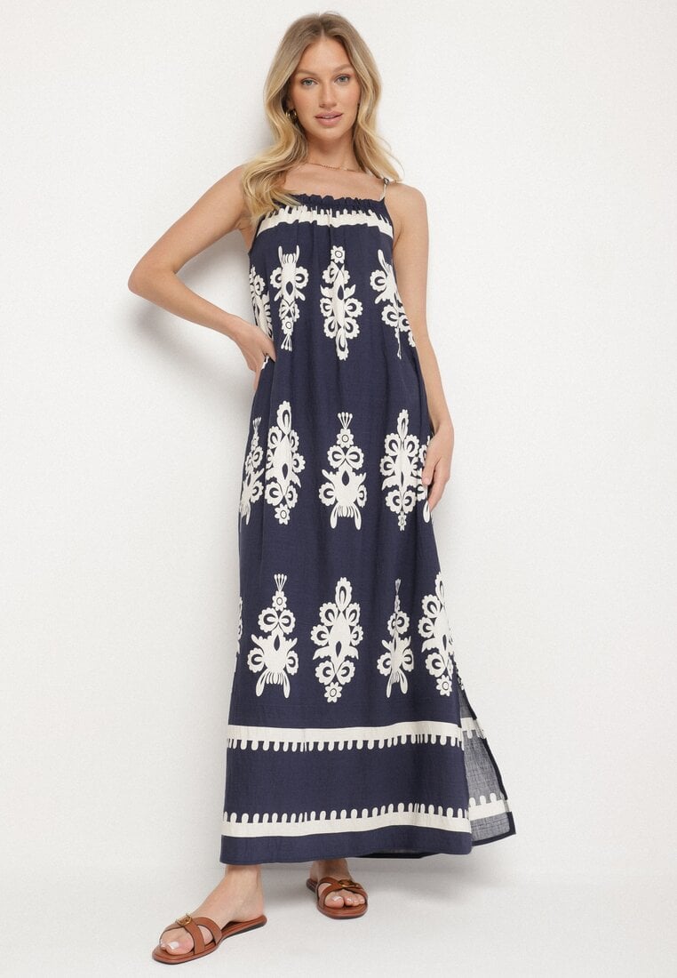 Rochie bleumarin cu croială evazată, cu bretele și model etnic Revoniae