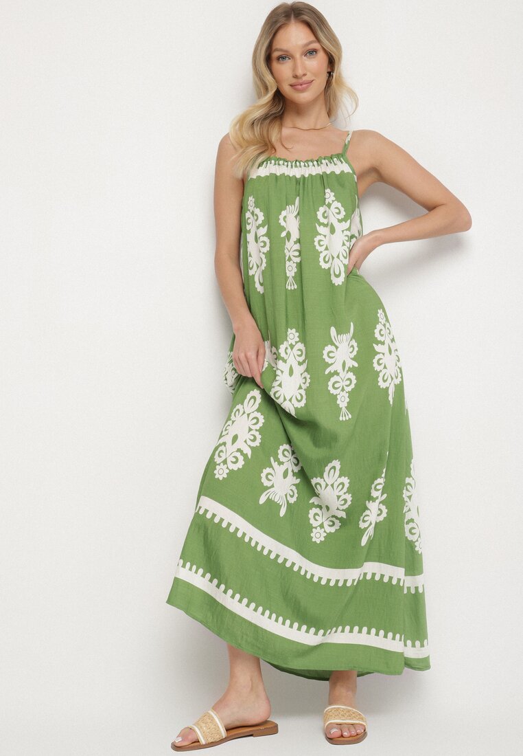 Rochie Verde cu croială evazată cu bretele cu imprimeu etnic Revoniae