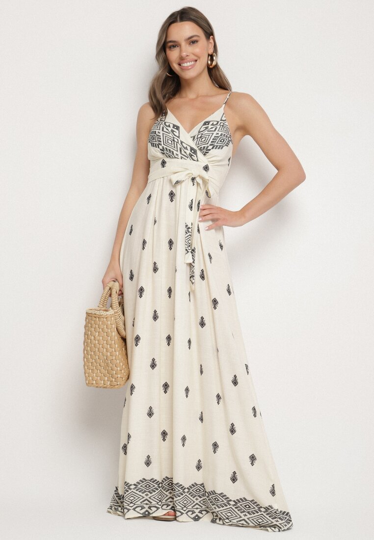 Rochie Crem și Negru Din Bumbac Evazată Cu Decolteu Petrecut și Cu Cordon Revevra