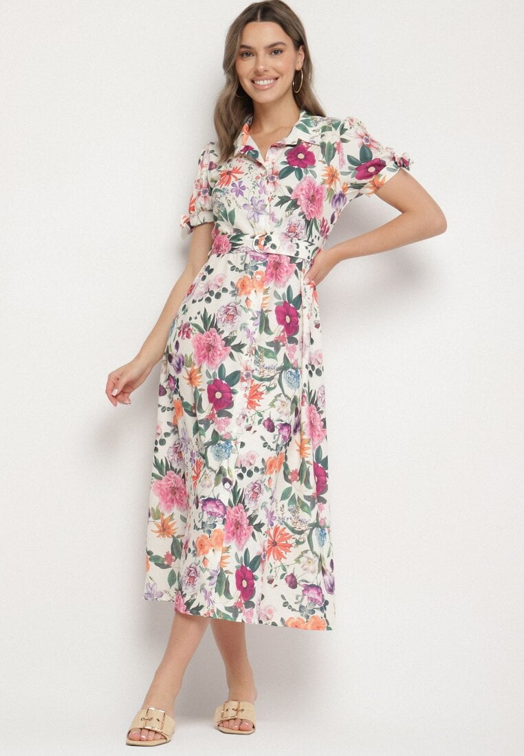 Rochie Bej deschis Evazată stil cămașă cu curea cu imprimeu floral Fevelorine