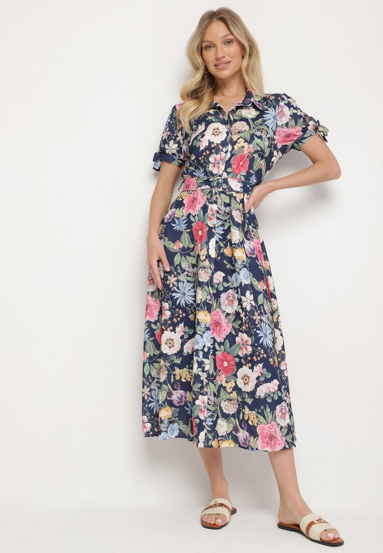 Rochie bleumarin evazată cu croială tip cămașă cu curea cu imprimeu floral Fevelorine