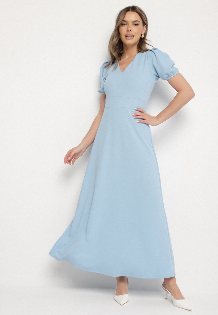 Rochie Albastră Cloș cu Decolteu Triunghiular Efralinae