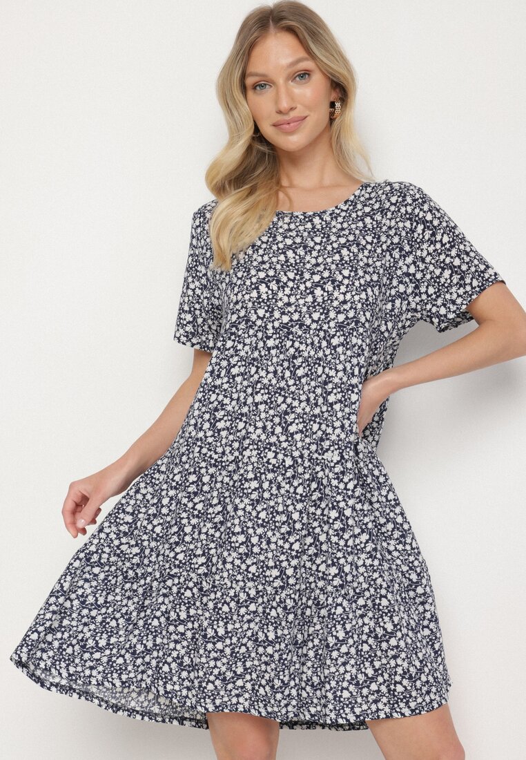 Rochie Albastră din Bumbac cu Imprimeu Floral Lunasenia