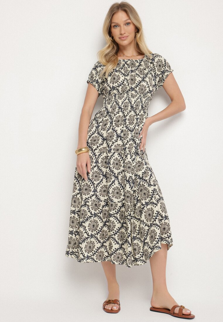 Rochie bejă cu bumbac și mâneci bufante Revilee