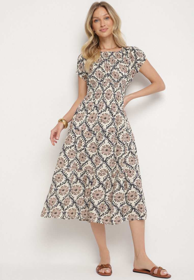 Rochie Bej-Albastră din Bumbac și cu Mâneci Bufante Revilee