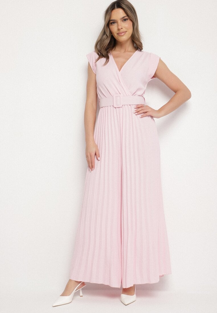 Salopetă Roz cu croială petrecută, cu pliuri și cordon în talie Salivania