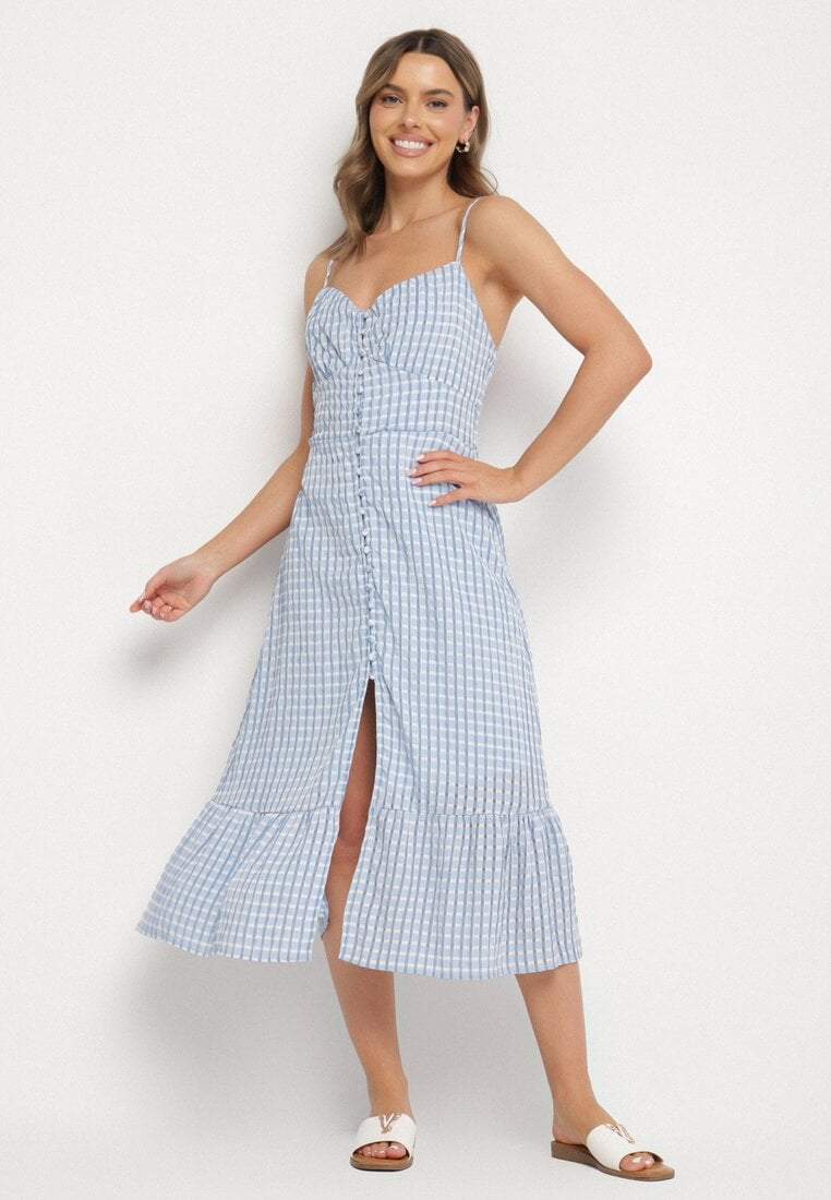 Rochie Albastră Evazată cu bretele, cu nasturi, cu viscoză Efrinelle