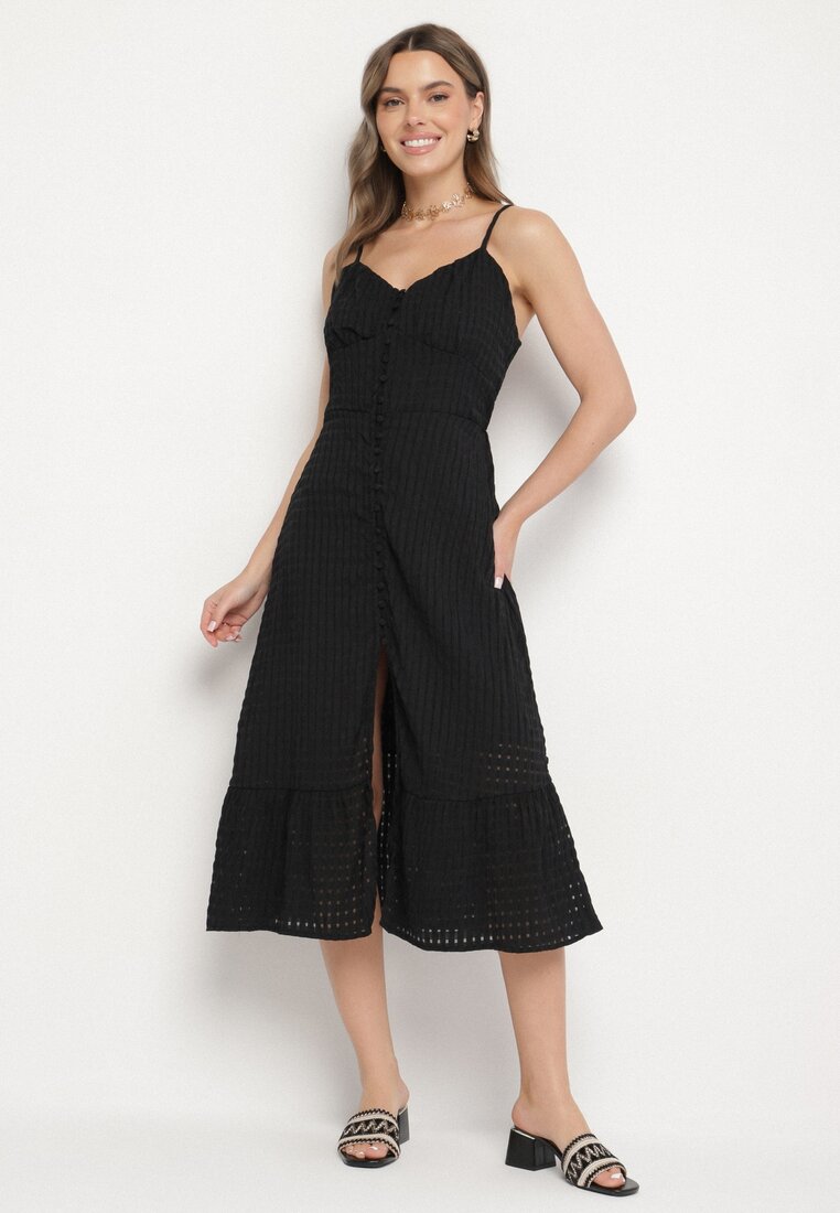 Rochie neagră evazată cu bretele, cu nasturi, din viscoză Efrinelle