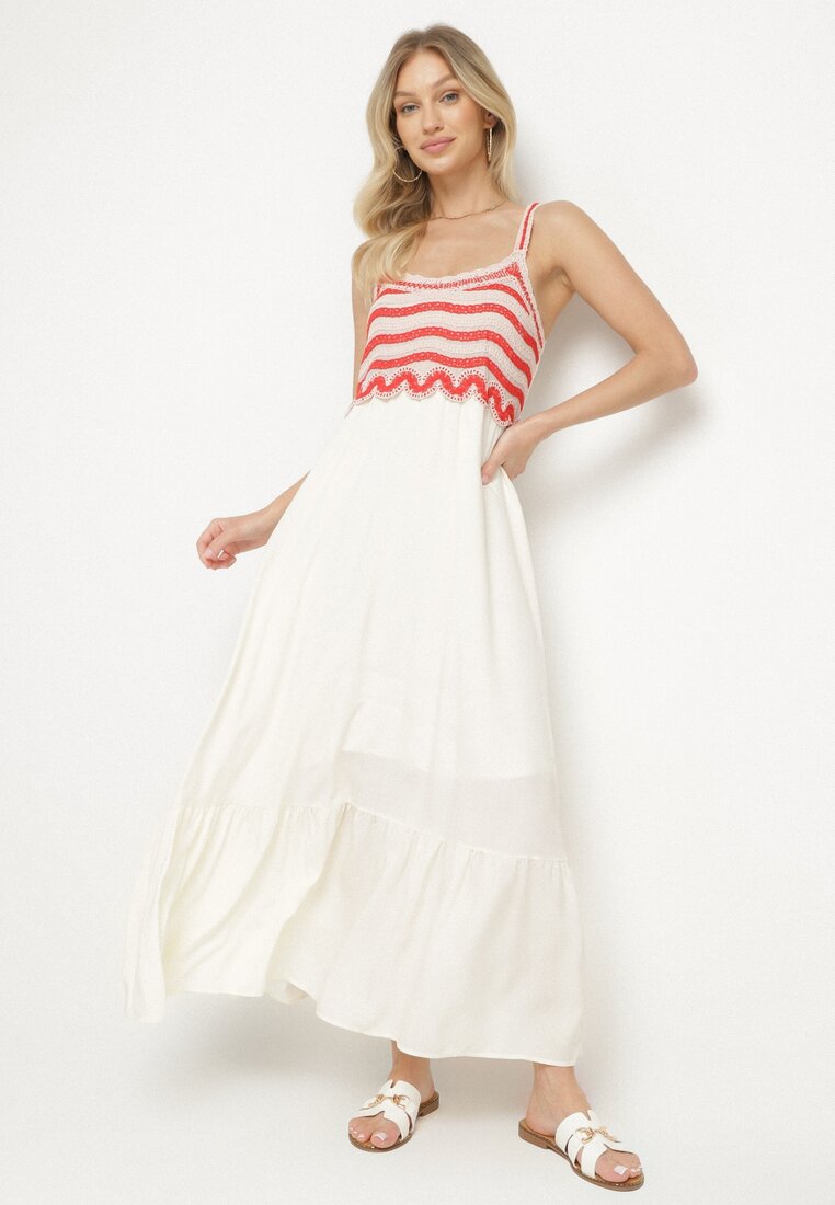 Rochie Bej Cloș cu bretele din viscoză decorată cu broderii Efradea