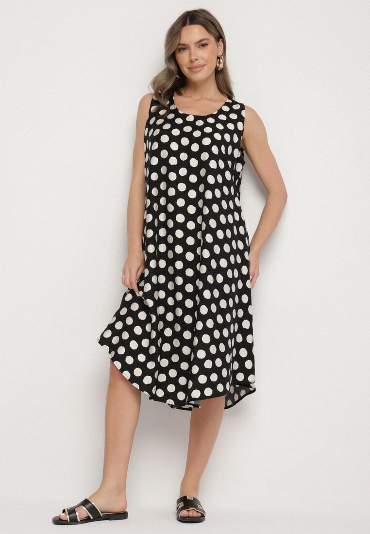 Rochie Negru-Albă cu croi tip cutie, fără mâneci, cu buline Fevasine