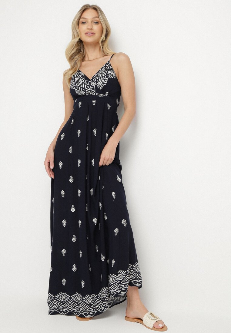 Rochie Bleumarin Din bumbac Evazată cu decolteu petrecut și cordon Revevra