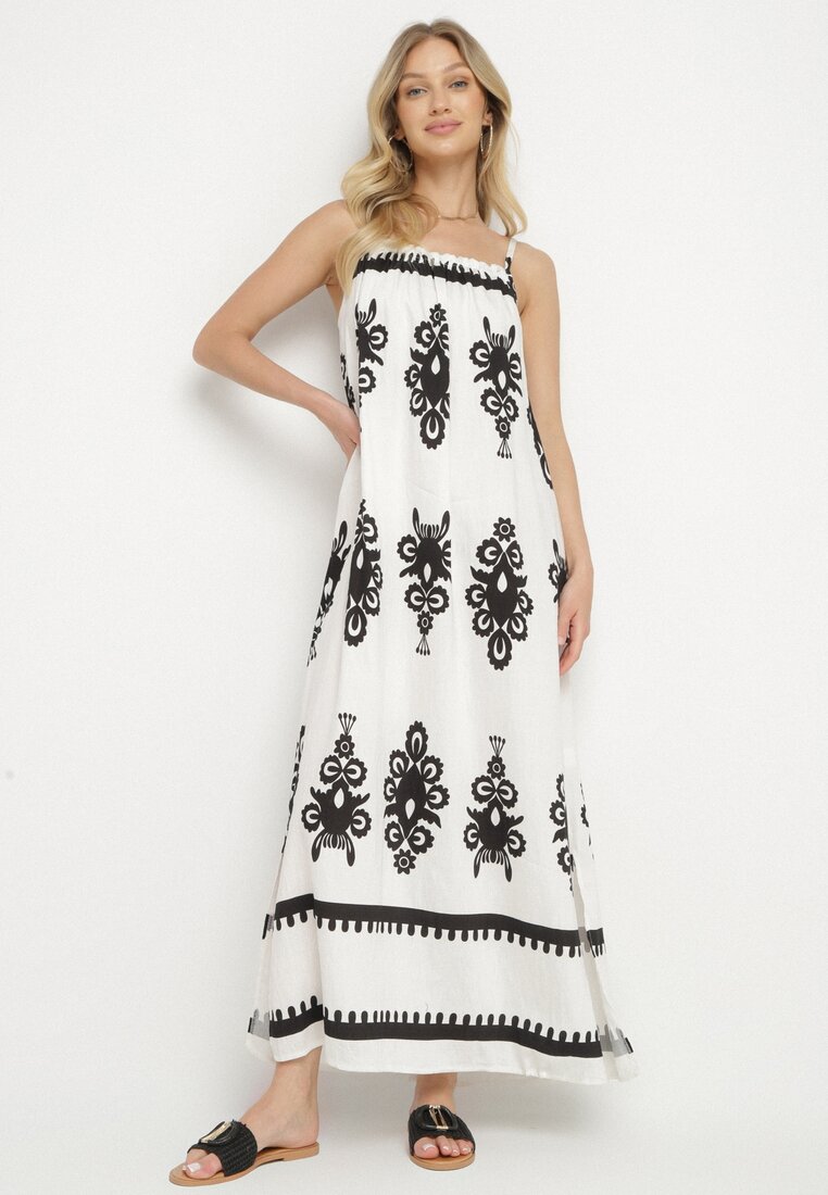 Rochie Albă cu croi evazat pe bretele cu model etnic Revoniae