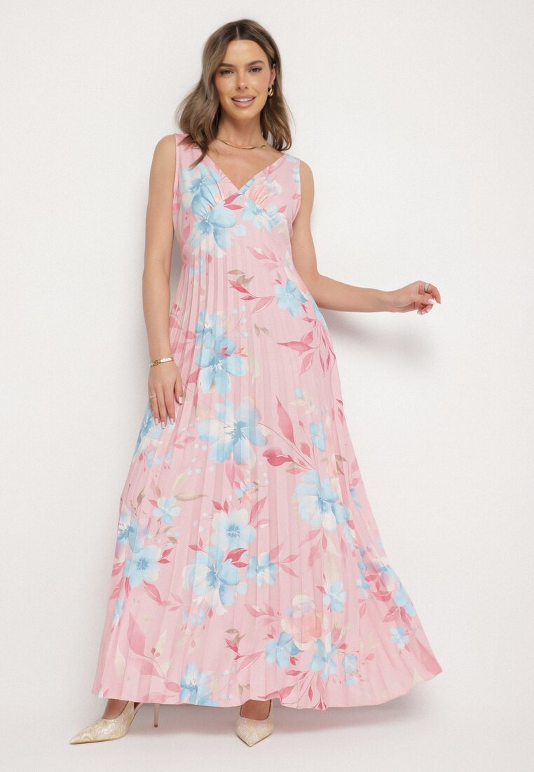 Rochie roz cu croi evazat cu pliuri și decolteu în V Nitolina