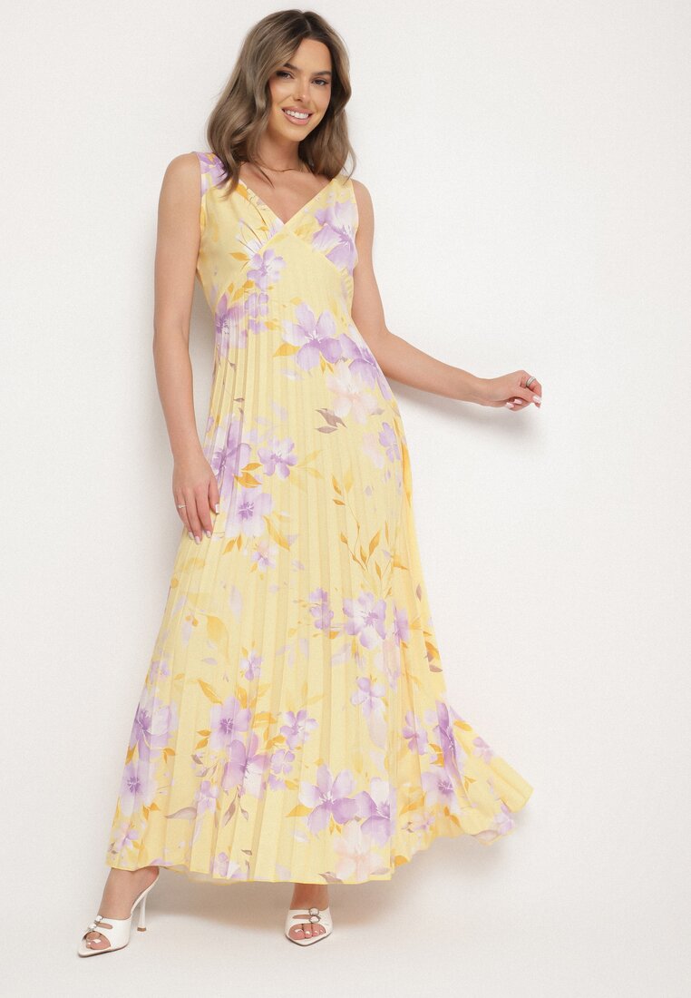 Rochie Galbenă cu croială evazată, cu pliuri și decolteu în V Nitolina