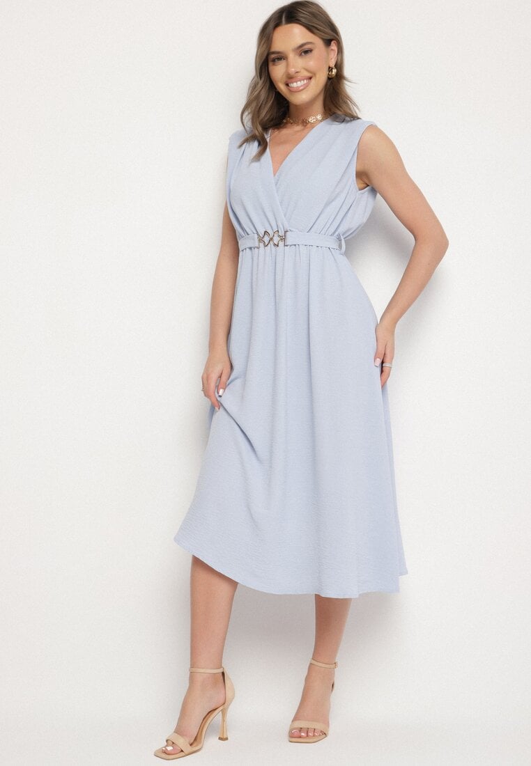 Rochie Evazată Albastru deschis Decorată cu o Curea cu Cataramă Tinilsa