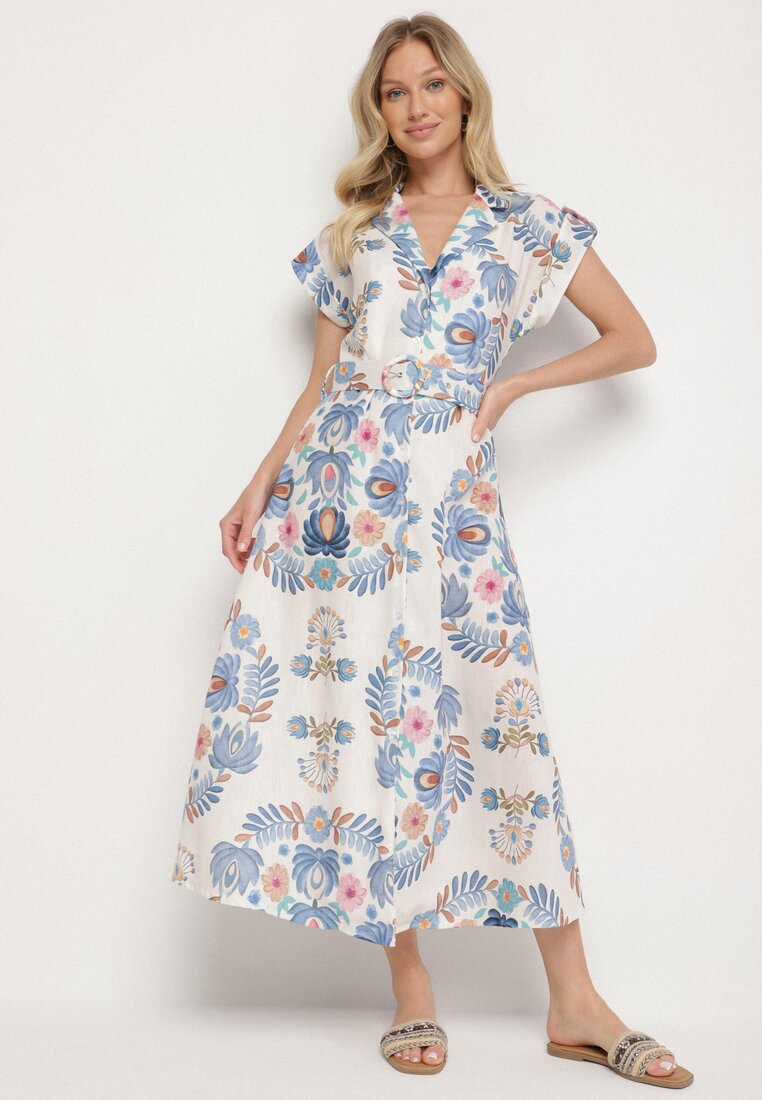 Rochie Albastră din Viscoză cu Croială Tip Cămașă cu Curea cu Cataramă Nitasiela