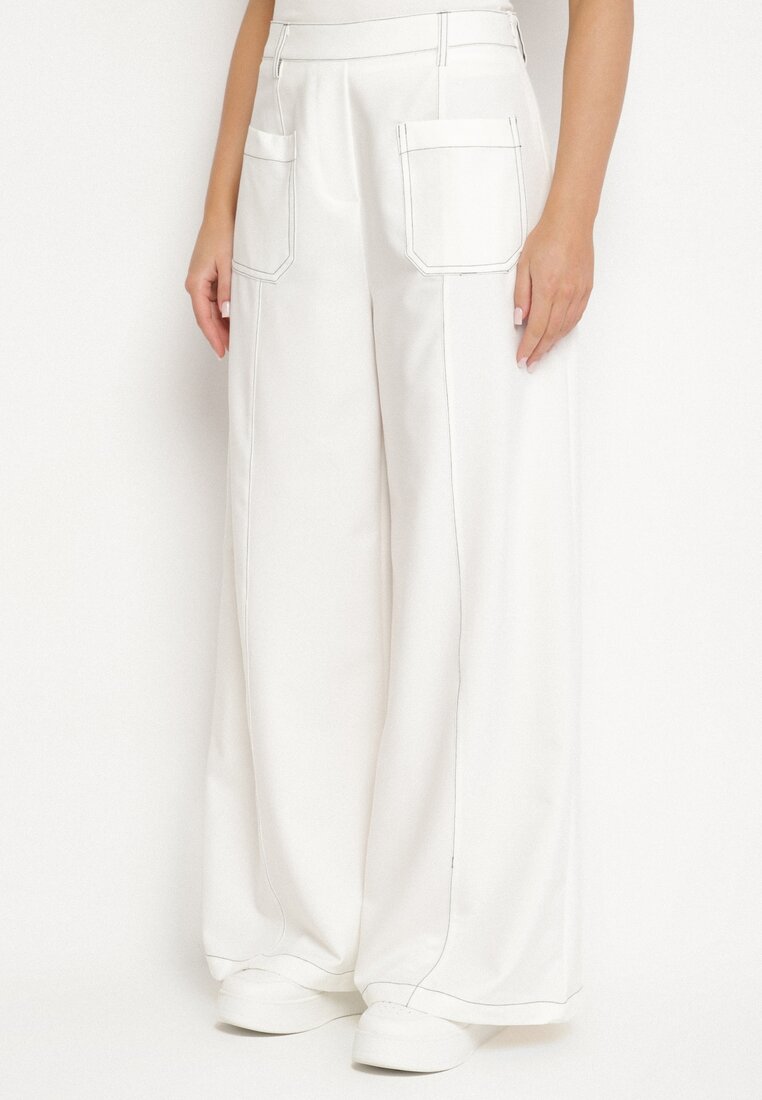 Pantaloni Albi din Viscoză cu Croi Larg cu Talie Înaltă Decorați cu Cusături Linasea