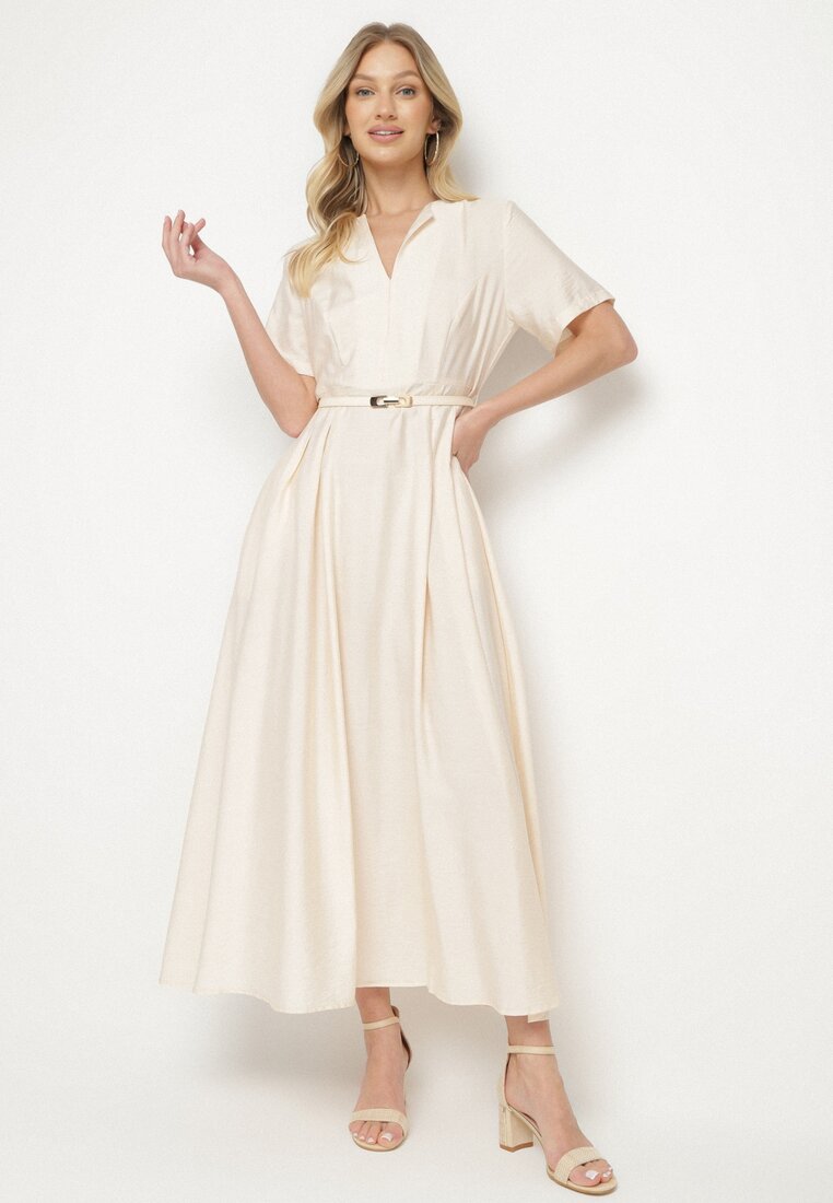 Rochie bej din viscoză cu in, croi evazat, cu centură cu cataramă Linalin