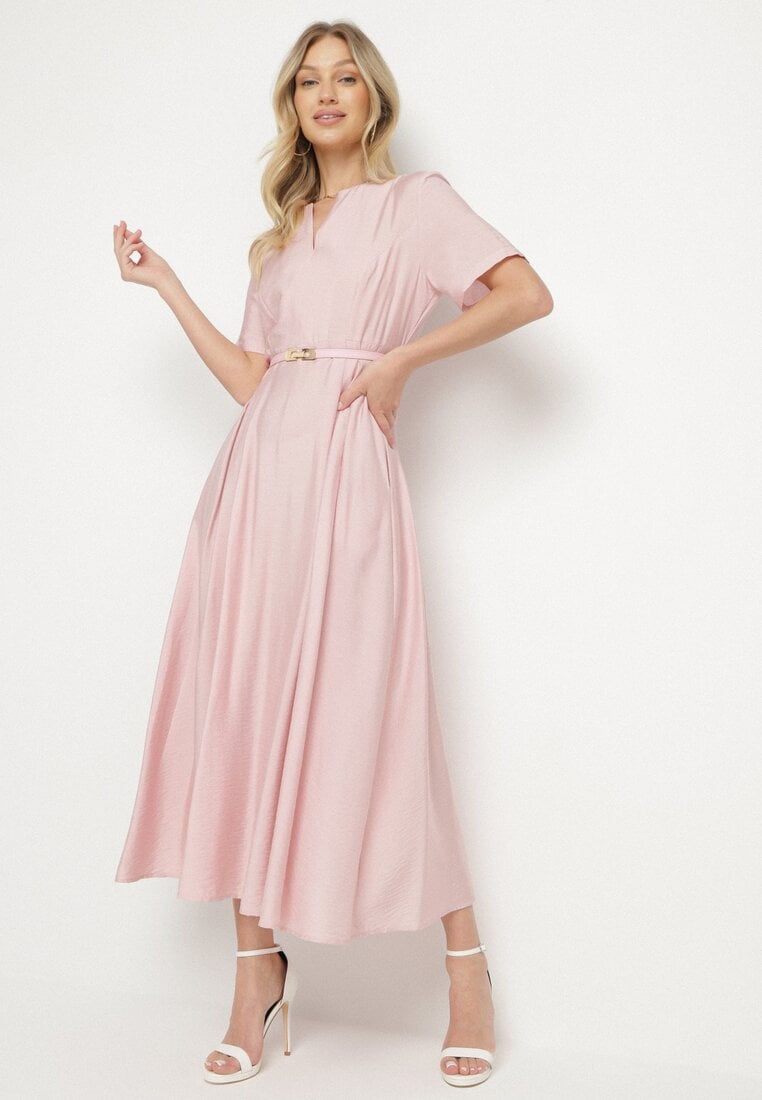 Rochie Roz din viscoză cu in cu croială evazată cu centură cu cataramă Linalin