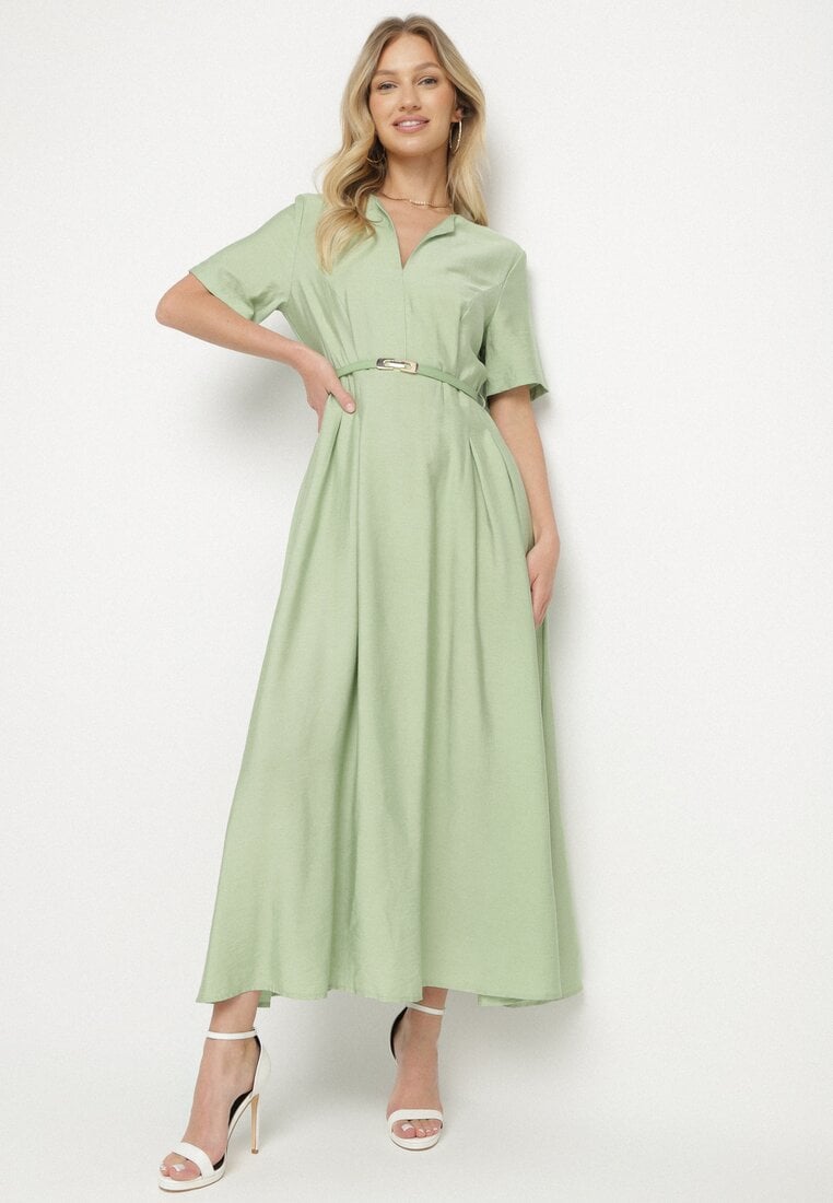 Rochie Verde din Viscoză și In, Croială Evazată, cu Curea și Cataramă Linalin