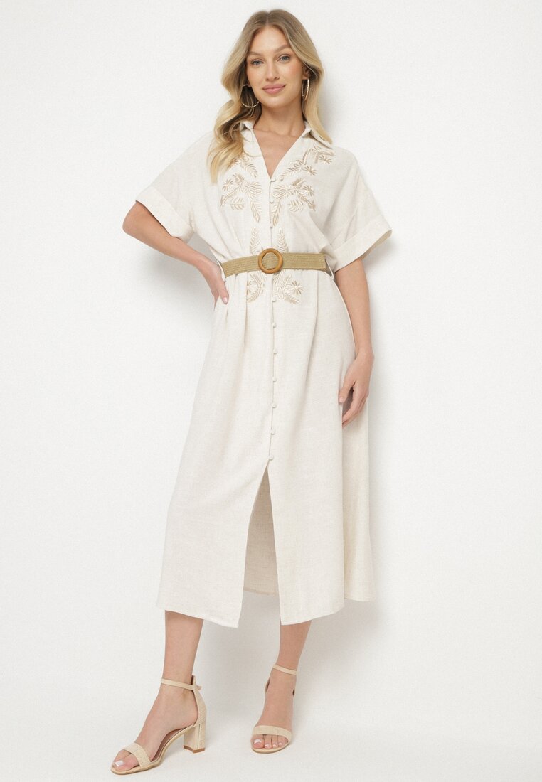 Rochie cămașă bej din viscoză și in, brodată și curea Atelinda