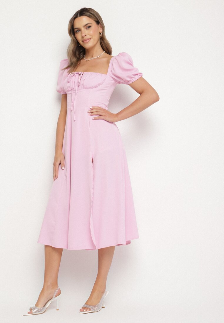 Rochie Roz în stil Rustic cu Legătură la Decolteu și Crăpătură Idanillea