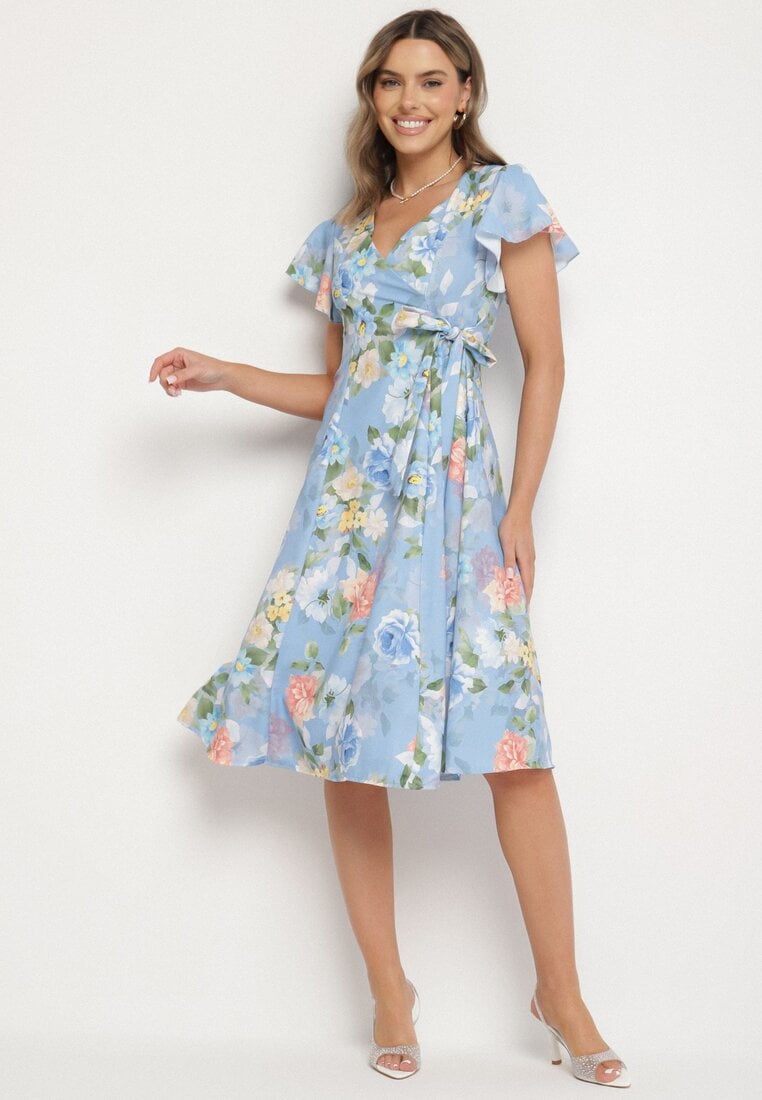 Rochie florală albastru deschis cu decolteu plic Atorina