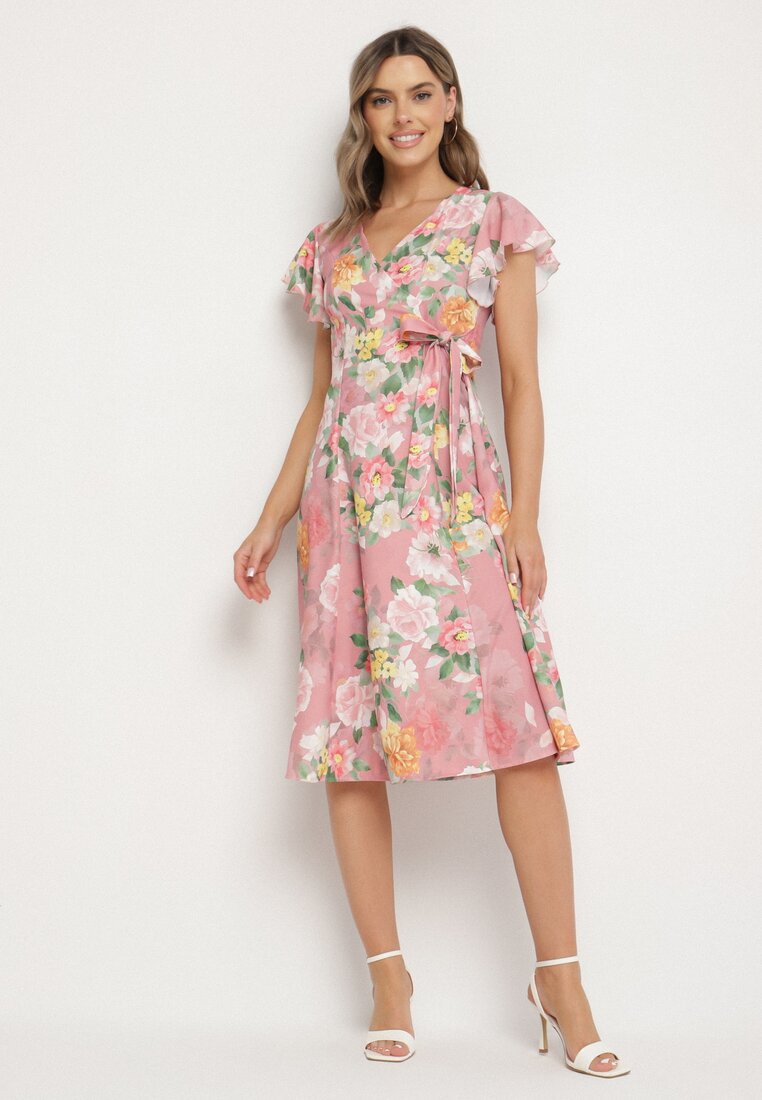 Rochie Roză Florală cu Decolteu Plic Atorina