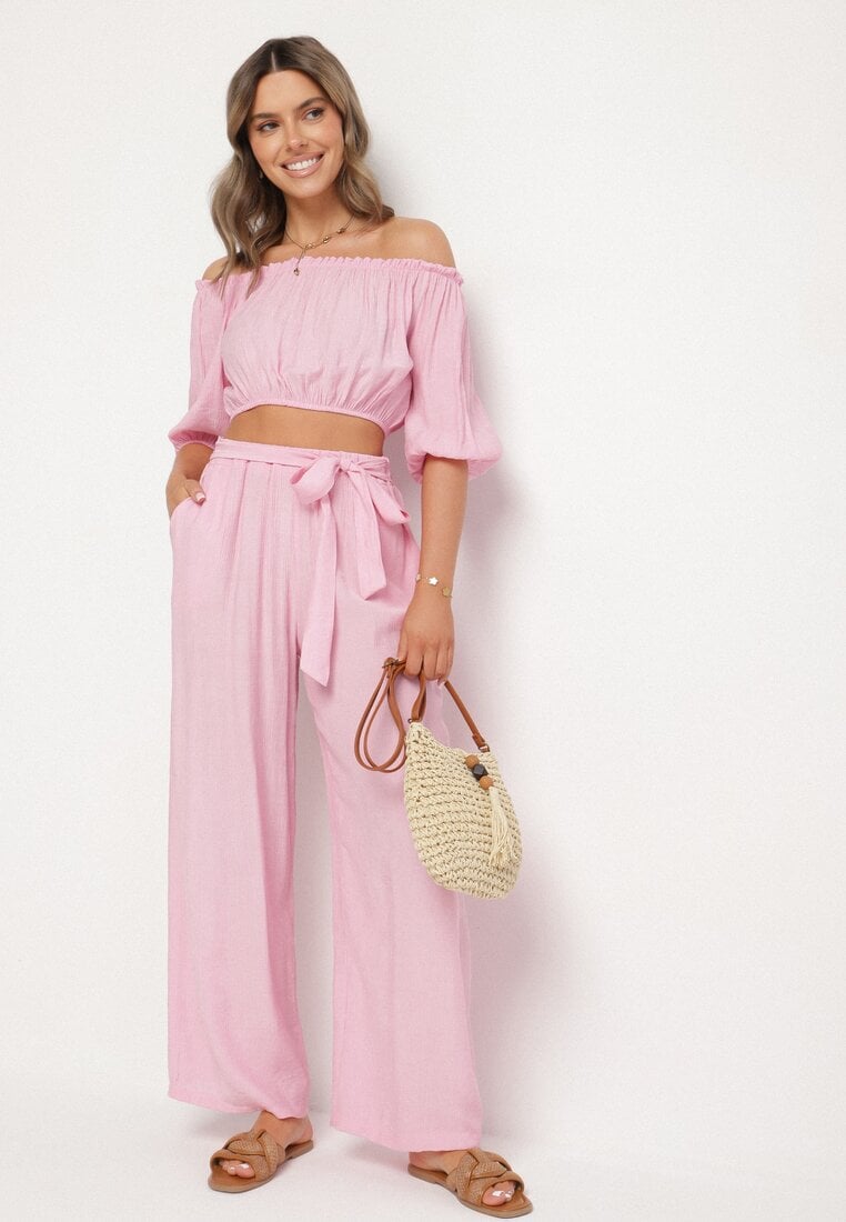 Set Roz închis Pantaloni largi și Bluză cu Mâneci Bufante Idasela