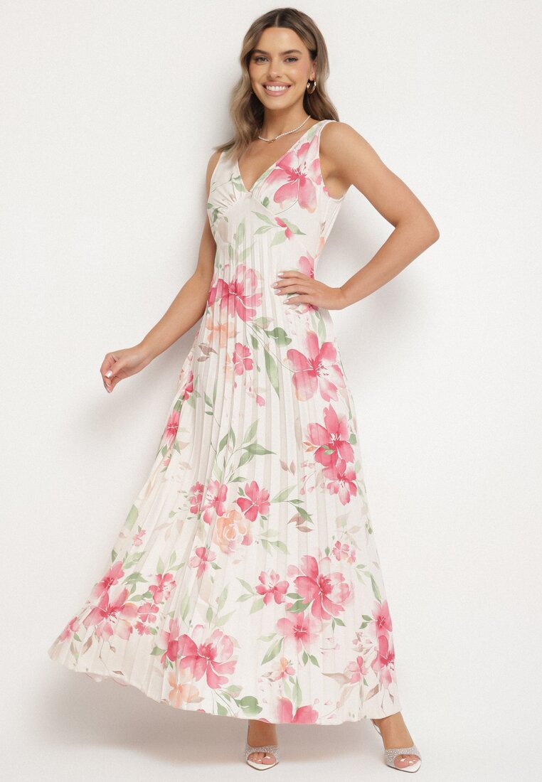 Rochie Bej cu Croială Evazată, cu Pliuri și Decolteu în V Nitolina