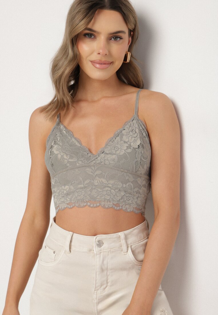 Top din dantelă verde deschis cu bretele și decolteu în V Pasmiriela