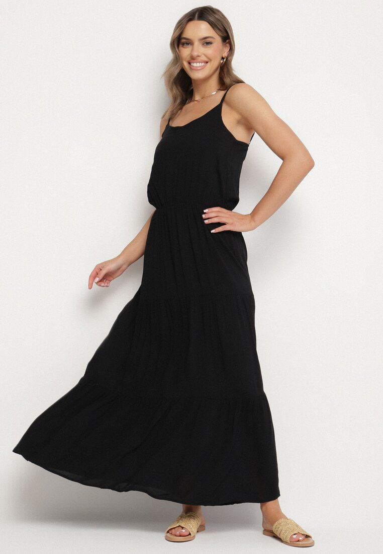 Rochie din viscoză Neagră cu croi evazat și bretele Flenore