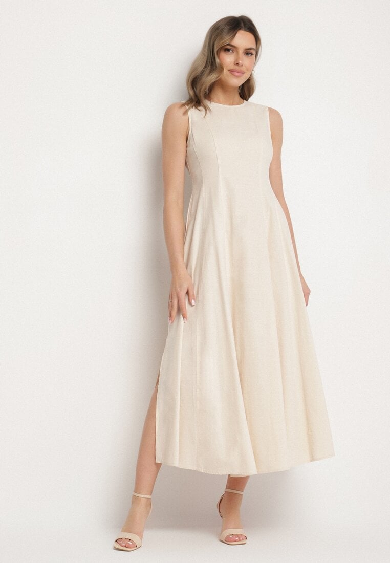 Rochie evazată bej deschis din bumbac și viscoză cu șliț pe picior Devirael