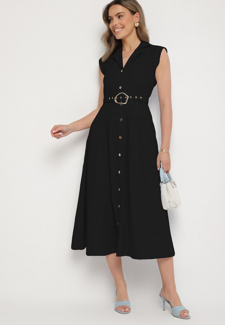 Rochie Neagră tip cămașă cu curea Devikka