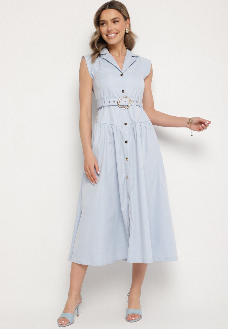 Rochie Cămașă Albastră Decorată cu Curea Devikka