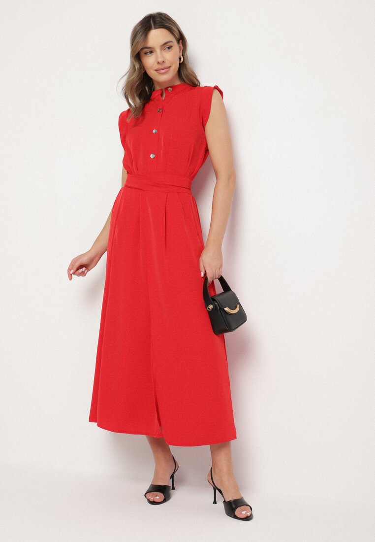 Rochie Tip Cămașă Roșie cu croi evazat cu cordon în talie Mavirielle