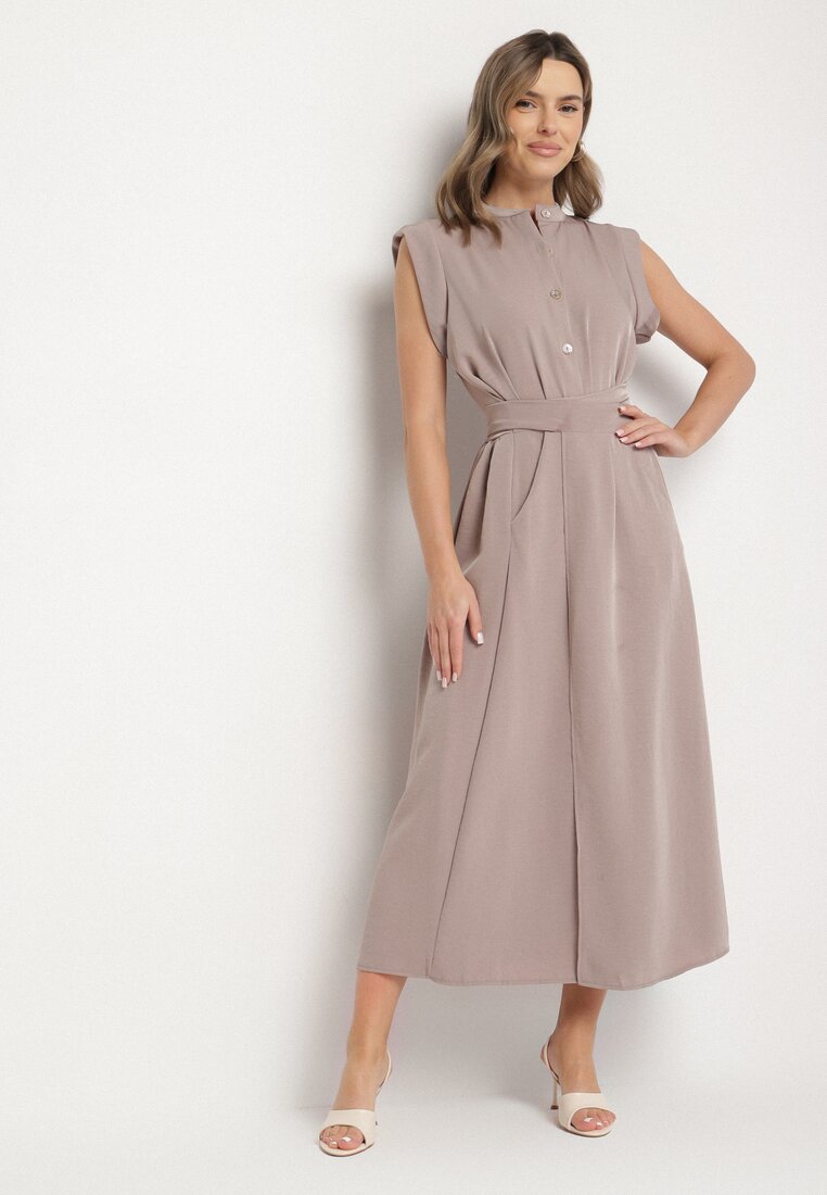 Rochie cămașă maro cu croială cloș, cu cordon în talie Mavirielle