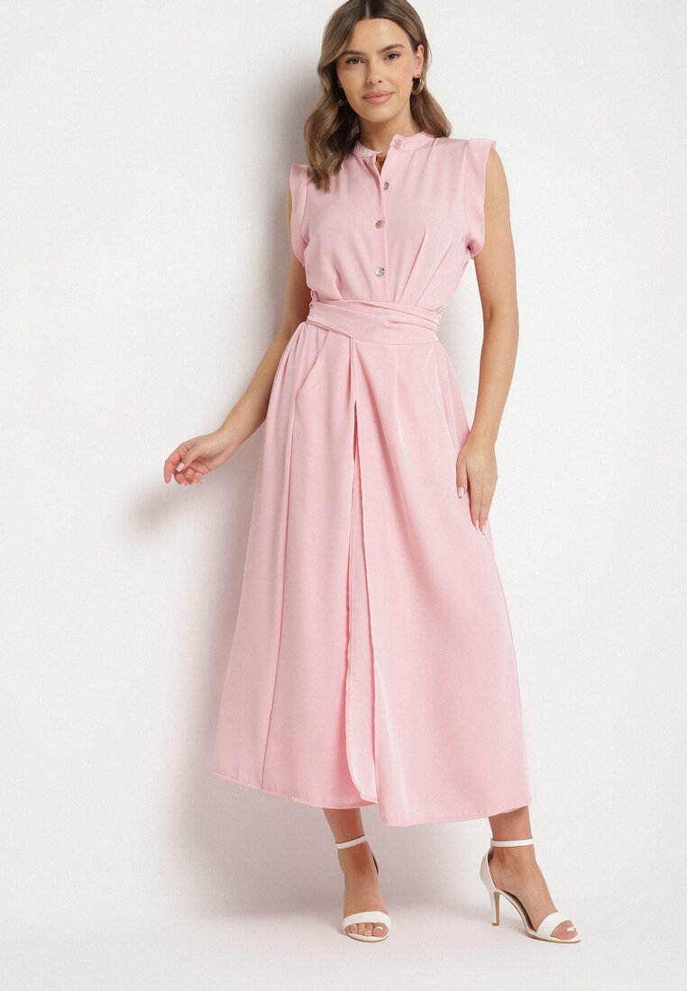 Rochie Roz Tip cămașă cu croială evazată cu cordon în talie Mavirielle