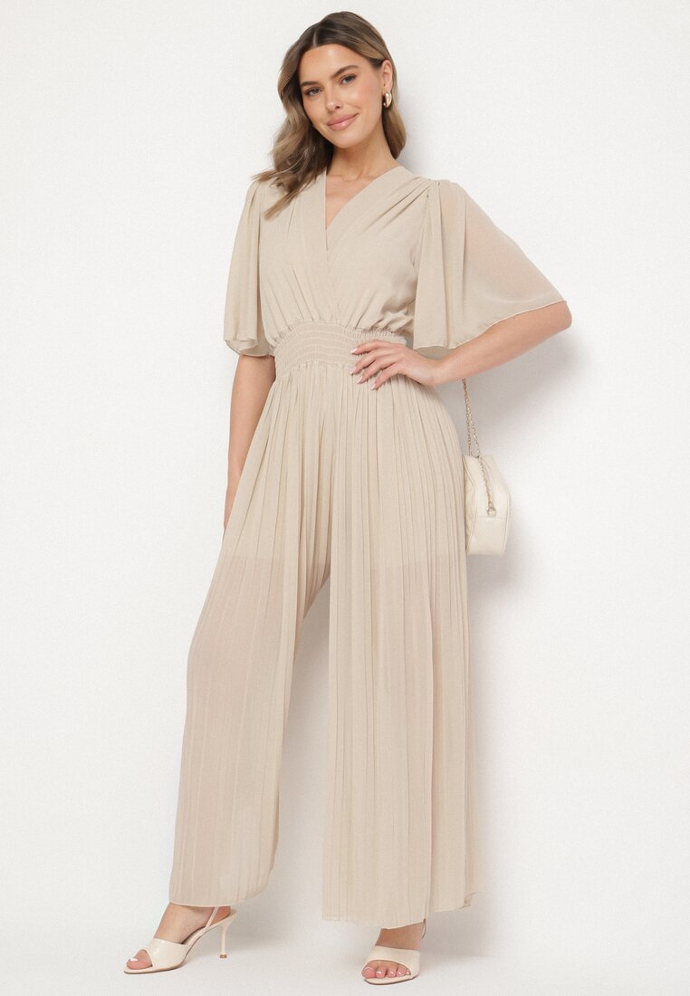 Salopetă Bej Plisată cu Croială Petrecută cu Elastic în Talie Ameddie