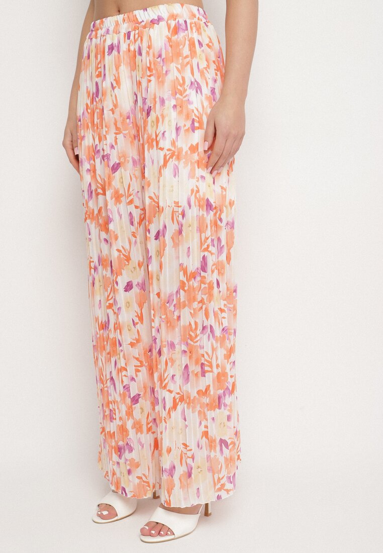 Pantaloni Portocalii Plisați cu Talie Înaltă cu Imprimeu Floral Folisea