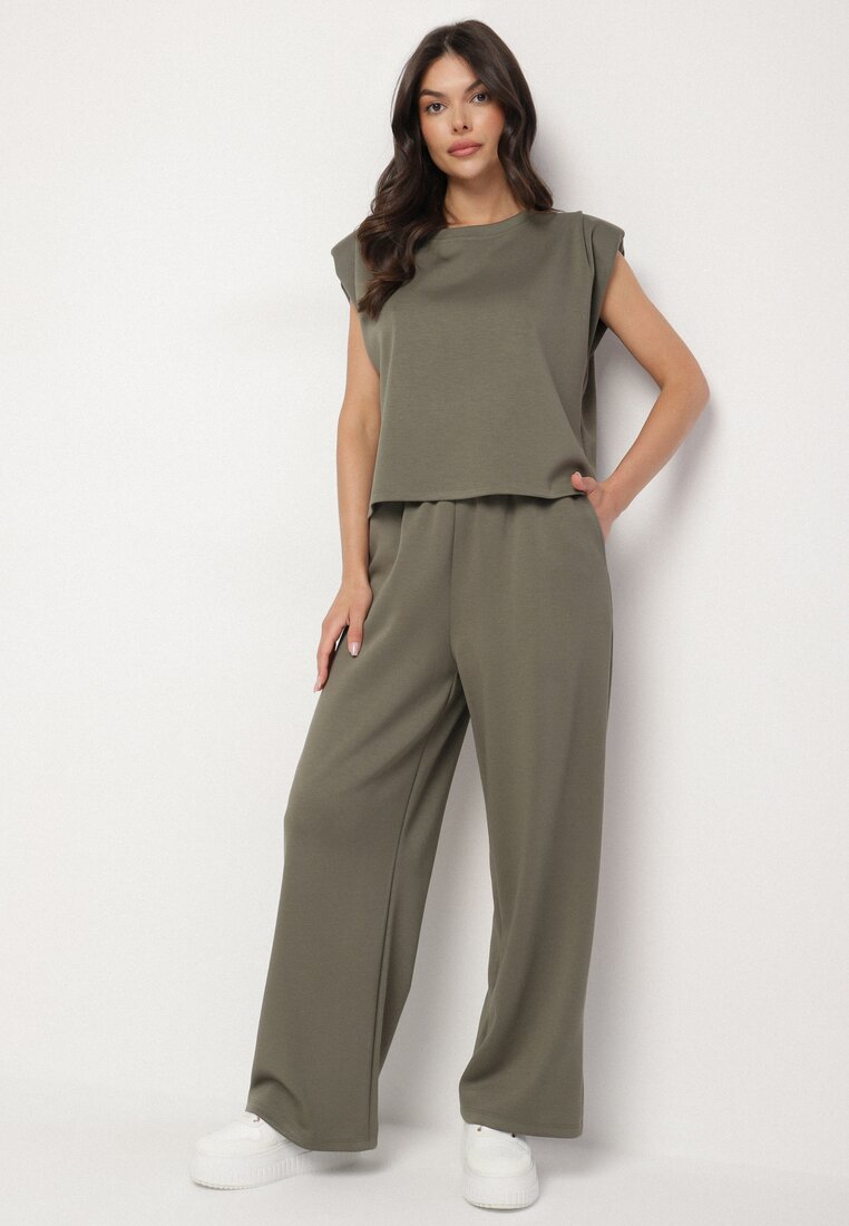 Compleu Verde cu Viscoză Tricou cu Umeri Întăriți și Pantaloni Largi Nevisari